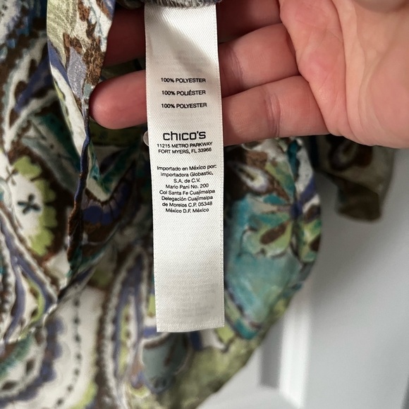 Chico's Women's Taupe Green Turquoise Paisley Lace Up Tie Neck Blouse Top - Picture 8 of 11